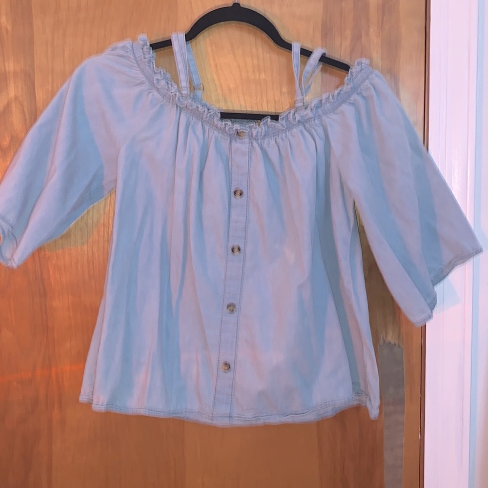 New Glory button down off sleeve shoulder blue top in size L